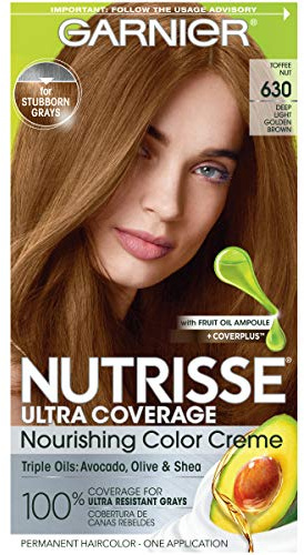 Garnier Hair Color Nutrisse Ultra Coverage Nourishing Creme, 630 Deep Light Golden Brown (Toffee Nut) Permanent Hair Dye, 1 Count (Packaging May Vary)