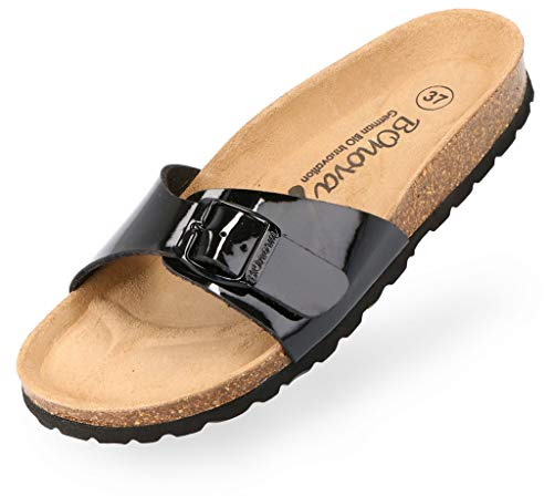 BOnova Damen Pantoletten Teneriffa in Lack schwarz 38, modischer Einriemer mit Korkfußbett - komfortable Sandalen zum Wohlfühlen - hergestellt in der EU