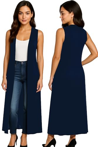 Re Tech UK - Ladies Sleeveless Cardigan | Womens Summer Lightweight Longline Waistcoat | Waterfall Open Front Maxi Cardigan | Thin Boyfriend Cardigans for Women UK (24-26 XXXL Navy Blue)
