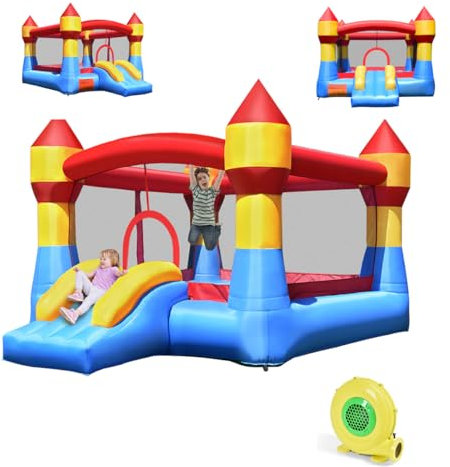 COSTWAY Château Gonflable avec Souffleur 450W & Toboggan, Aire de Jeux Gonflable avec Maison de Saut, Charge 135kg pour 3 Enfants de 3-10 Ans, 370 x 280 x 230 CM