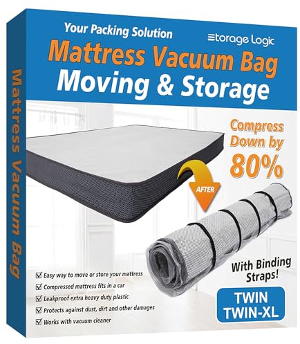 Storage Logic Foam Mattress Vacuum Bag with 4 Adjustable Packing Straps for Moving, Storage, Shipping, Vacuum Seal Mattress Bag with Packaging Straps (Twin/Twin XL)