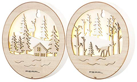 Lunartec Holzbild: 2er-Set leuchtende Echtholzbilder mit warmweißen LEDs, Batteriebetrieb (Weihnachtsbeleuchtung Fenster, Holz Bilder, 3D)