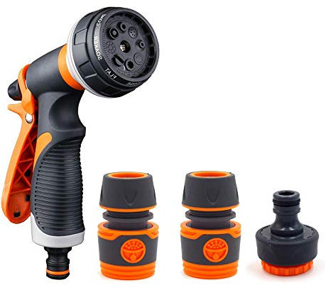 Kramer&Co. Gardening Hose Spray Gun Set- 8 Adjustable Patterns, High Pressure Nozzle Attachment for Watering Garden Plants Or Lawns, Car Washing, Cleaning Windows- Set Includes Hose Pipe Connectors
