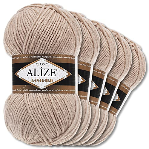 Wohnkult Alize 5 x 100 g Lanagold Wolle | 53 Auswahl | Stricken Häkeln Wolle (05 | Beige)