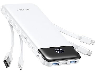 Charmast Power Bank with Built in Cables X 4, 10000mAh USB C Battery pack 6 Outputs 3 Inputs with LED Display Type C Powerbank Portable Charger Compatible with Smartphones Tablets and More