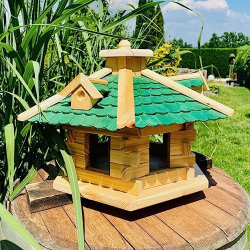 DARLUX handgertigtes Vogel Futter Haus L Sechseck Vogelhaus Futterspender Holz Natur/Grün ohne Ständer Futterhaus