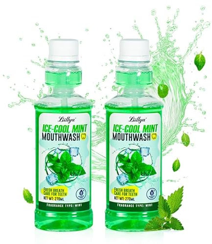Liillya 2er-Pack Minze Mundspülung, Mundwasser gegen Karies, Mundgeruch Bekämpfen, Frischer Atem, Saubere Zähne, Reduziert Zahnbelag, ohne Alkohol, ohne Fluorid, 270mlx2