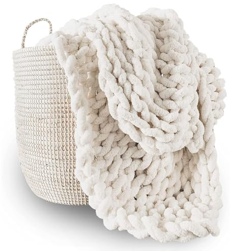 Dazzluxe Chunky Knit Filt, Mjuk Chenille Garn Throw, Handgjord Tjock Kabelstickad Virkfilt, Stor Stickad för Soffinredning, Mjölkvit, 150 * 200 cm