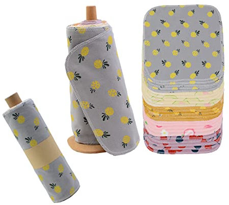 Chloven Toallas de papel reutilizables lavables, rollo de toallas de algodón lavable, paquete de 25 con rollo de cartón duradero, servilletas reutilizables sin desperdicio, toallas de papel