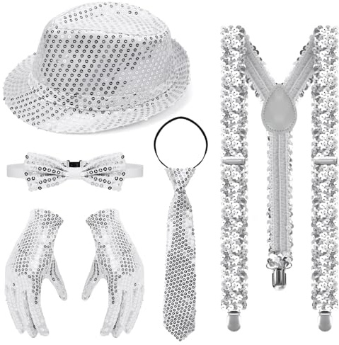 Meleager Deguisement Disco Homme,5 Pièces Paillette Accessoire Disco,Chapeau pour les Spectacles, Nouvel, Carnavals et JGA, Argent