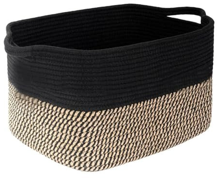 Gzsekken 2 Pack Woven Storage Baskets Rope Storage Baskets Two Tone Cotton Rope Baskets with Handle,Laundry Basket, Organiser Nursery Decor Laundry Hamper, Khaki+Navy (33x25cm)