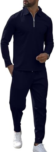 KUYIGO Survêtement pour homme avec fermeture éclair 1/4-2 pièces - Pull à manches longues - Sweat et jogging - Décontracté - Haut gaufré - Pantalon - Vêtements de sport - Tailles S à XXL, bleu