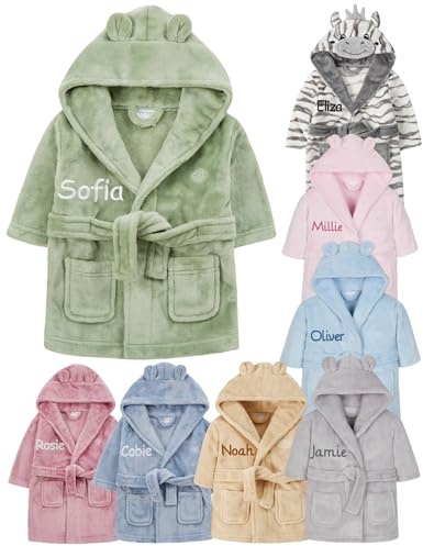 Personalised Baby Bathrobe Hooded Fleece Dressing Gown Super Soft Gifts Robe For Boys Girls Cute Teddy Ears (18-24 Sage Green)