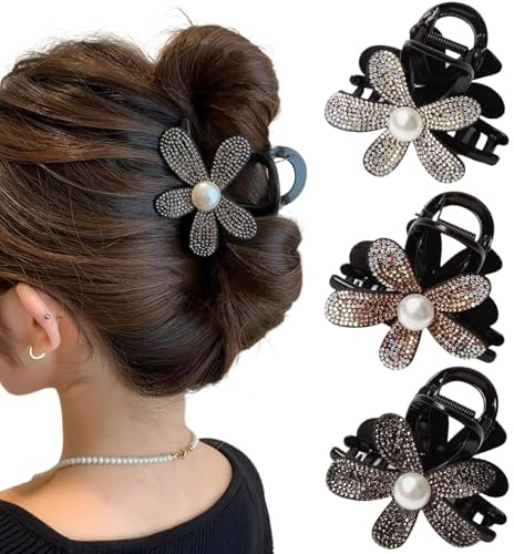 Ypkia Confezione da 3 Fermagli per Capelli a Fiore da Donna con Strass, Taglia Media, Fermagli per Capelli Vintage per Donne e Ragazze, Accessori per Capelli