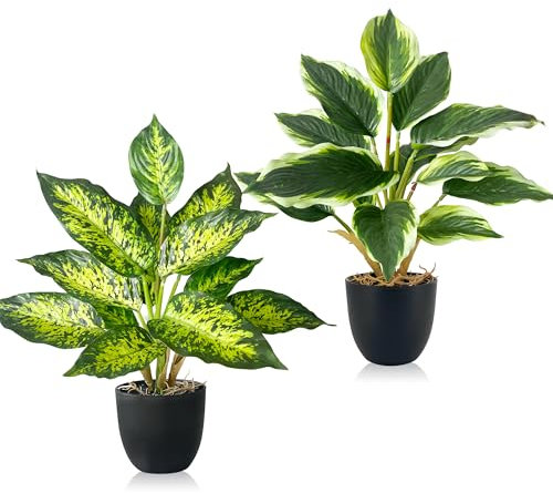 SHEPIN 2 Stück Kunstpflanze Wie Echt, Künstliche Pflanzen im Topf Zimmerpflanzen, 37cm Kunstpflanzen Dekopflanze Fake Plant Plastik Pflanze für Badezimmer Büro Küche Badezimmer Dekoration (A)