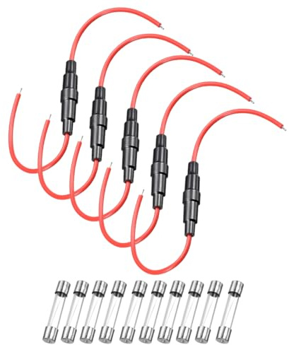 sourcing map 5 portafusibili a vite in linea da 5 x 20 mm, calibro 18 AWG filo rosso con 10 fusibili in vetro ad azione rapida da 10 A