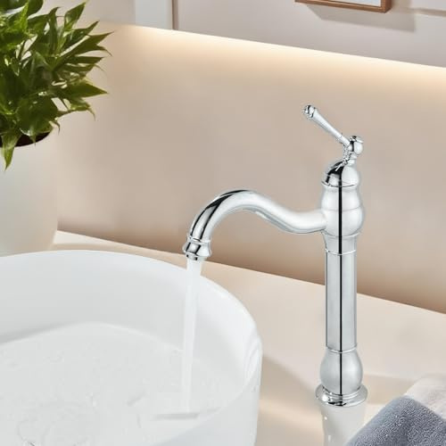 ROVOGO Chrome Vintage Retro Tall Tap for Bathroom Basin, High Rise Bathroom Sink Mixer Tap with 360° Swivel Spout, Brass Construction Basin Mixer Tap, Cloakroom Classic Countertop Basin Faucet