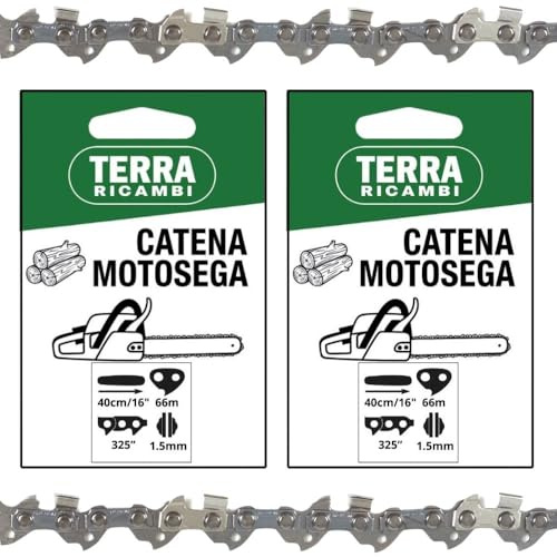 Set 2 Catene Motosega 66 Maglie - passo 325” spessore 1.5mm – per Barra 40cm/16 – Basso Contraccolpo, Alta Durata – Qualità Tedesca Terra Ricambi – Per Uso Agricolo, Forestale e Fai da te.