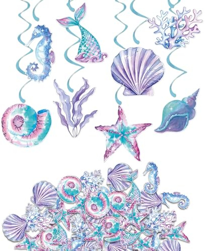 Culinavog 100Pcs Mermaid Party Decorations, Plus 8 Sets of Spiral-shaped Pendants, Mermaid Decoration with Shells, Starfish, Corals, Seahorses, Under the Sea Party Decorations for Birthday Parties