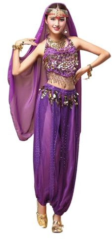 Costume de danse du ventre pour femme - Élégant costume oriental de danse du ventre avec pantalon sarouel rouge - Costume de danse professionnelle - Tenue de performance sur scène - Avec chapeau rétro