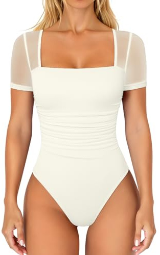 OQQ Women Short Sleeve Bodysuit Square Neck Tummy Control Shapewear Mesh Ruched One Piece Leotard Shirts Going Out Tops Beige