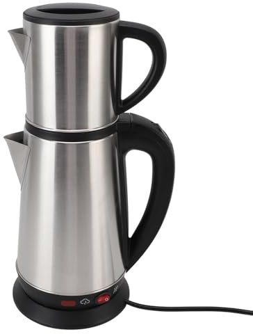 TIKATARER Juego de Hervidor Turco Eléctrico, Tetera de 1 Litro y Hervidor de Agua de 2 Litros de Acero Inoxidable con Calefacción Oculta e Infusor Desmontable, Capacidad de 12 Tazas para (Enchufe