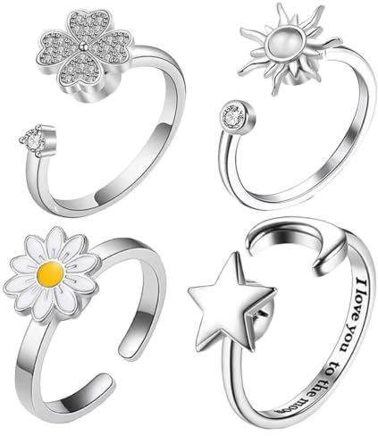 Générique Bagues Anti-Stress Pour Femmes 4 Pièces Moderne Et Ouvert | Bagues Tournantes Motifs Lune Fleur Pour Les Dames Les Filles Les Adultes Les Sœurs La Scène Les Trajets Le Cosplay La