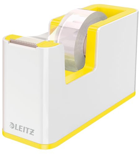 Leitz Dispensador de Cinta Adhesiva, Base Pesada, Cinta Adhesiva, Gama WOW, Blanco Perla/Amarillo