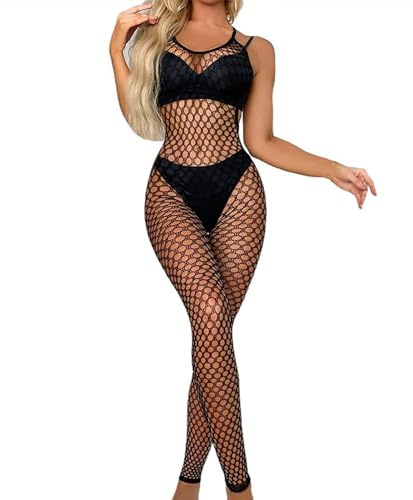 XIUSEMY Women Sexy Lingerie Full Body Bodysuits V Neck Mesh Fishnet Stockings Lingerie Nightwear(Black,one size)