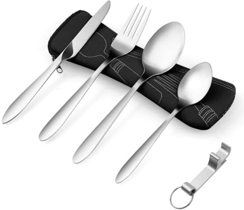 Vicloon Set di Posate con Custodia Portatile, 5 Pezzi in Acciaio Inossidabile con Apribottiglie, da Viaggio Coltello Forchetta Cucchiaio per Campeggio Picnic Scuola Pranzo (Nero)