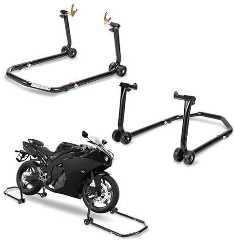 Eulenke Cavalletto per montaggio moto, cric per moto fino a 300 kg, cric per montaggio ad alta stabilità con adattatore, larghezza regolabile, cavalletto per ruota anteriore e ruota posteriore, nero