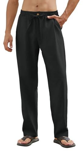 Yuson Girl Pantalon Homme Lin Décontracté Pantalons à Taille Élastique et Cordon de Serrage Homme Léger Pantalon de Yoga d'été à Jambes Droites avec Poches(Noir, XL)