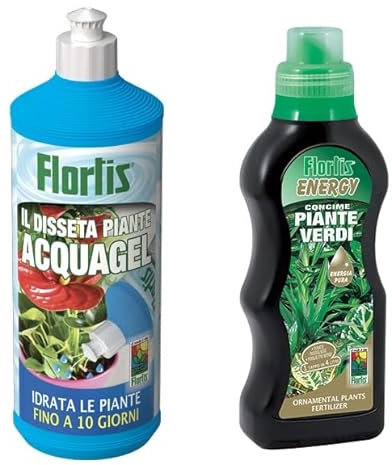 Flortis Kit Benessere Verde. Concime piante verdi e gel Disseta Piante. Set con acqua gel pronto uso per irrigazione automatica graduale in vacanza 1000ml e Concime liquido Energy concentrato da 500g.