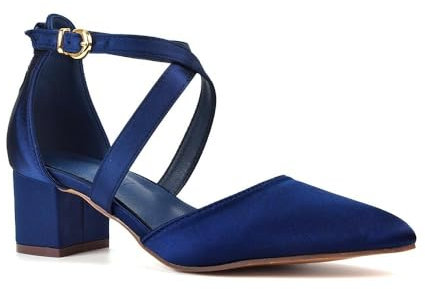 ESSEX GLAM Womens Strappy Ankle Strap Court Shoes Ladies Navy Satin Low Heel Point Toe Close Toe Pumps Size 5