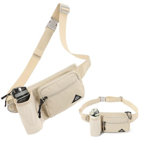 Waist Pack with Water Bottle Holder for Men Women Waist Bag Running Waist Pack Waterproof for Outdoor Travel Cycling Climbing Walking Fit All Phones, Beige