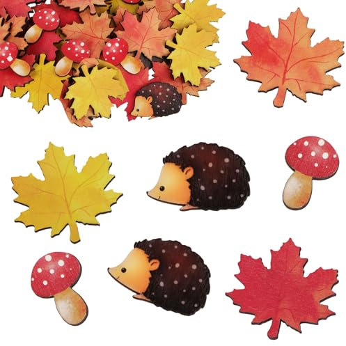 70 Stück Herbst Streudeko Holz Bunt Ahornblätter Pilze Igel Tischdeko Kinder Konfetti Holzscheiben Deko Party Basteln Tisch Confetti für DIY Handwerk Verzierungen