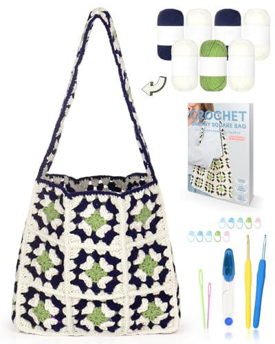 Reessy Crochet Kits for Beginners Adults, Granny Square Crochet Bag Kit, Crochet Starter Kit with Step-by-Step Instructions, Crochet Hooks and 7 Yarn Balls, Crochet Set for Kids DIY Crocheting