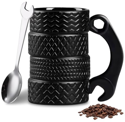 Reifentasse, 450 ml Keramikbecher, Rad Reifen Kaffeetasse, Mit Griff und Löffel, Keramik Reifentasse für Zuhause, Geschenk, für Kaffeeliebhaber, Personalisierte Tasse (A)