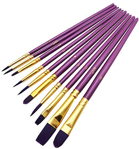Mivanta Lot de 10 pinceaux d'artiste avec manches en bois - Pour artistes, adultes et enfants - Noir - Couleur : violet