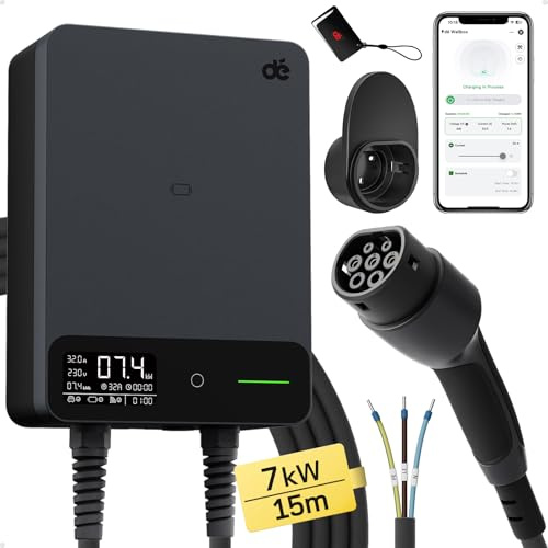 dé Borne de Recharge Véhicules Électrique 7kW APP [15m, 6-32A, Monophasé] Wallbox 7kW avec Câble de Recharge Type 2 15m, RFID, Borne de Recharge avec RCD Type-B et ip54 pour E-208 et Autres BEV/PHEV