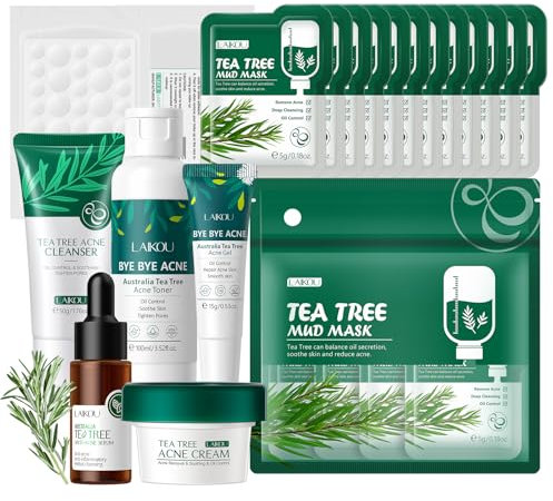 LAIKOU Tea Tree Skincare Set , Anti-Acne Face Care Kit with Cleanser, Toner, Serum, Spot Gel, Cream, Mud Mask & Pimple Patches, Oil Control & Soothing for Teenage Girls, Women & All Skin Types