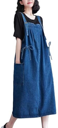 SFHDFLUQ Dam justerbar rem Tencel denim overaller klänning plus size jeans lös passform baggy overall jumper elegant volang fåll hängselklänning med fickor S - 5XL, BLÅ, M