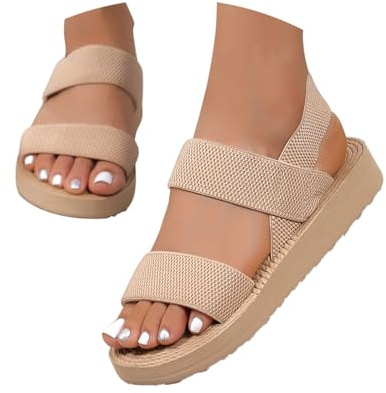Sandales Plateforme Femme Nu-Pieds Confortables Sandale Élastique Sangle Tricot Sandale Femme Ete Plate Respirantes Semelles épaisses Compensées Sandales Chaussures Mode