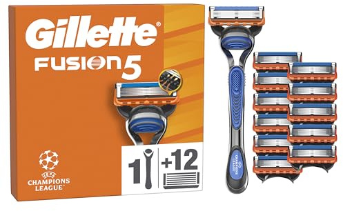 Gillette Fusion5 Razor and Refills for Men, 1 Gillette handle plus 12 Razor Blade Refills, with Lubrastrip for a Close Shave