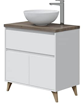MarinelliGroup Mobile bagno 80 cm a terra con lavabo da appoggio bacinella ceramica 2 cassetti BIANCO LUCIDO + OLMO 305732BO