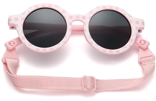 LOJUDI Lunette Soleil Bebe 0-36 Mois - Polarisées avec Cordon Réglable Cadre TPEE Motifs Imprimés Lunettes de Soleil Bébé 0 a 3 Ans Enfant Garçon Fille Protection UV400 - Rose/Noir