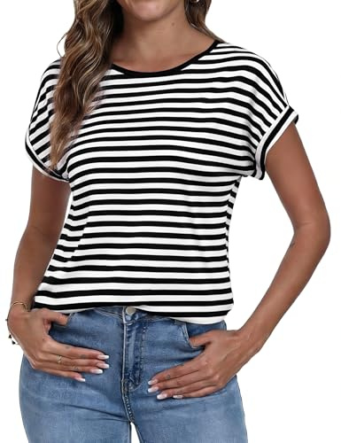 Terecey Camiseta Mujer Rayas Manga Corta Cuello Redondo Holgada | Tejido Ligero y Transpirable, Caída Cómoda, Libertad de Movimiento, Uso Diario, Viajes, Paseos y Vacaciones de Verano