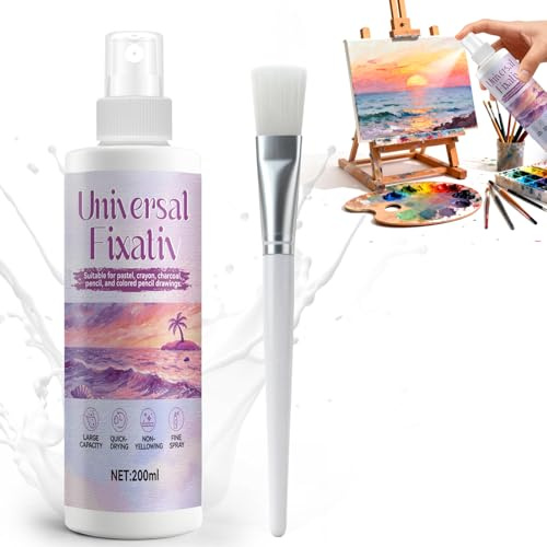 Fixative Spray for Art, Fixative Spray for Pencil, Charcoal and Pastel Drawings, Color Fixing, Suitable for Watercolor, Gouache, Oil, Acrylic, Ink and Pastel Paints, with Brush, 200ml