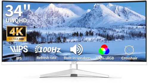ZZA 34 Inch Ultrawide Curved Monitor Built in Speakers 4K Gaming Computer Monitor 100Hz, WQHD(3440x1440P) Curved 3800R 21:9 Ultra Wide PC Display, 130% sRGB, HDMI &DP, VESA Mount Compatible-White