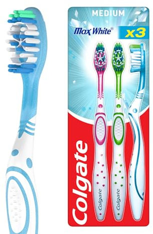 Colgate Max White Toothbrushes - Teeth Whitening Toothbrush with Polishing Star - Medium Manual Toothbrush - Assorted Designs - Adult Toothbrush Multipack - 3 Pack